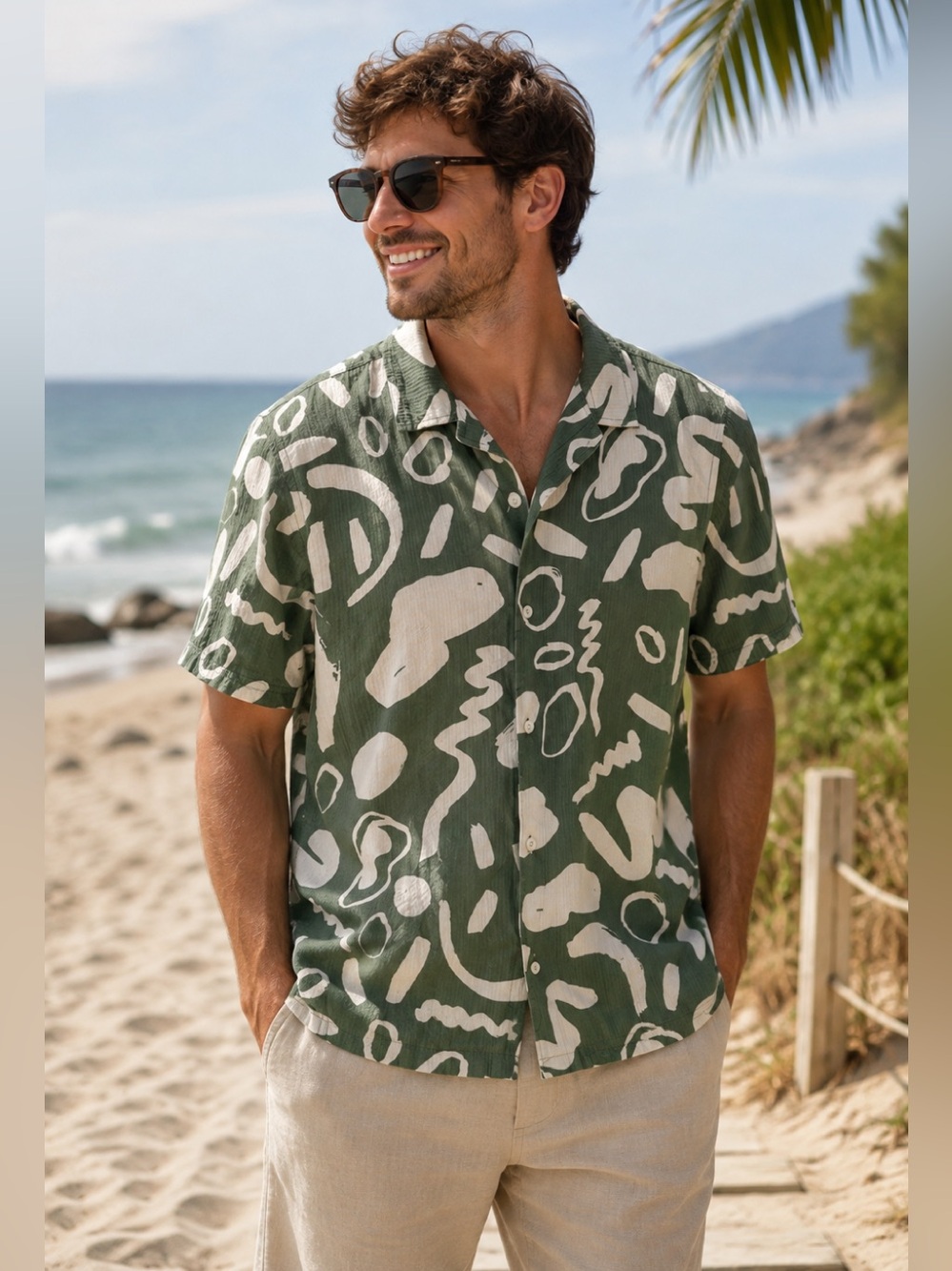 Common People Men’s Large Abstract Retro Resort Camp Collar Button Down Shirt